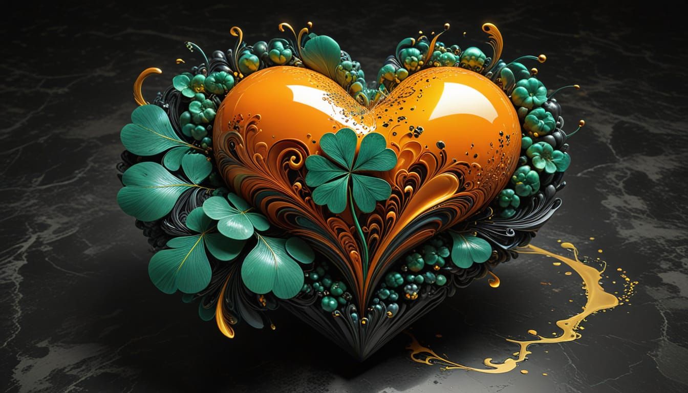 Feathered Orange Heart with Clover in Abstract 3D