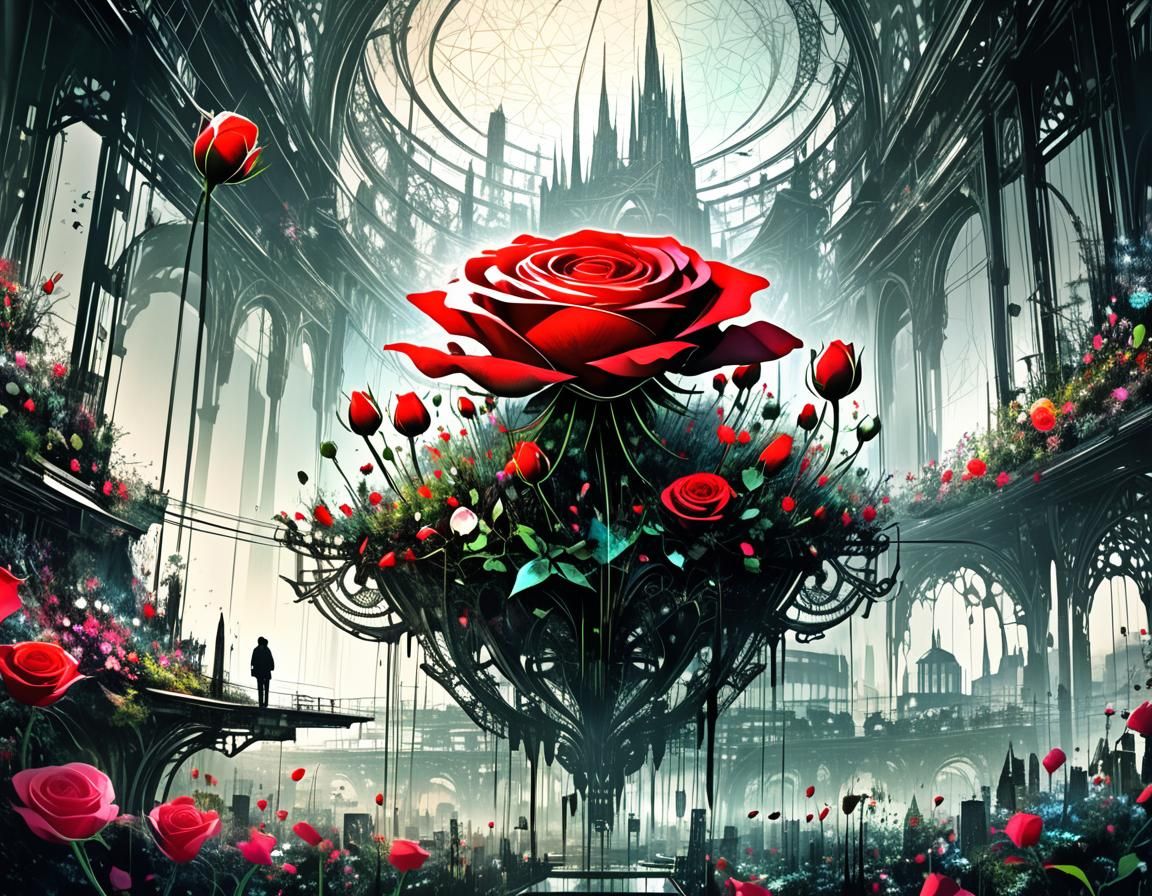 Filigree Fractal Rosebud in a Neon Ink Style