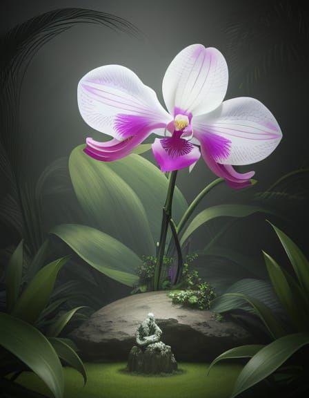 Surreal Giant Orchid Statue with Hidden Human Face