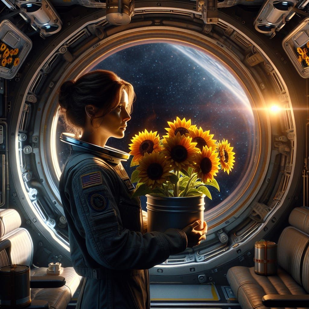 Astronaut and Sunflowers: A Space Station Scene