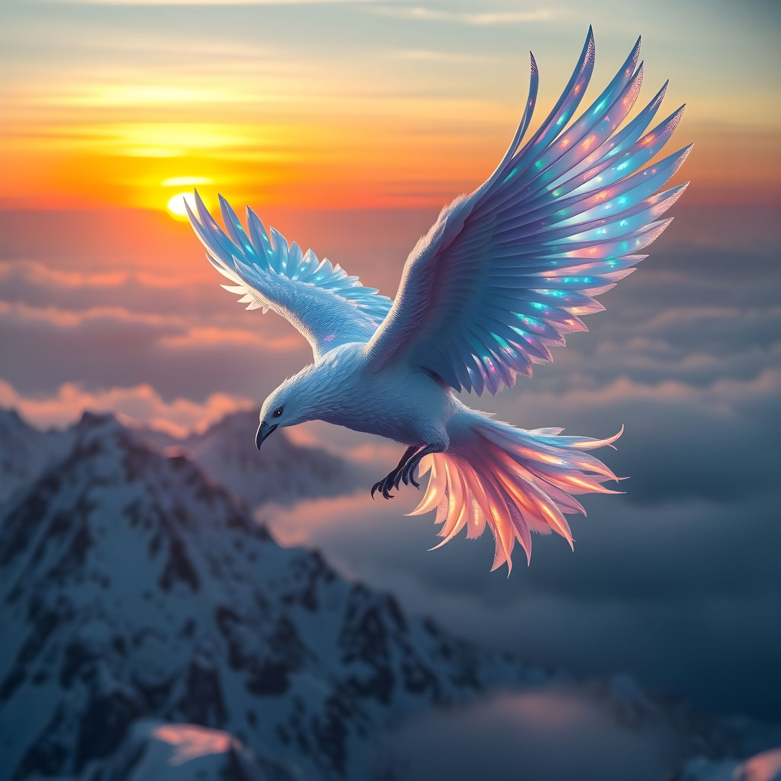 Majestic Icy Phoenix Rises Above Snowy Mountains at Golden H...