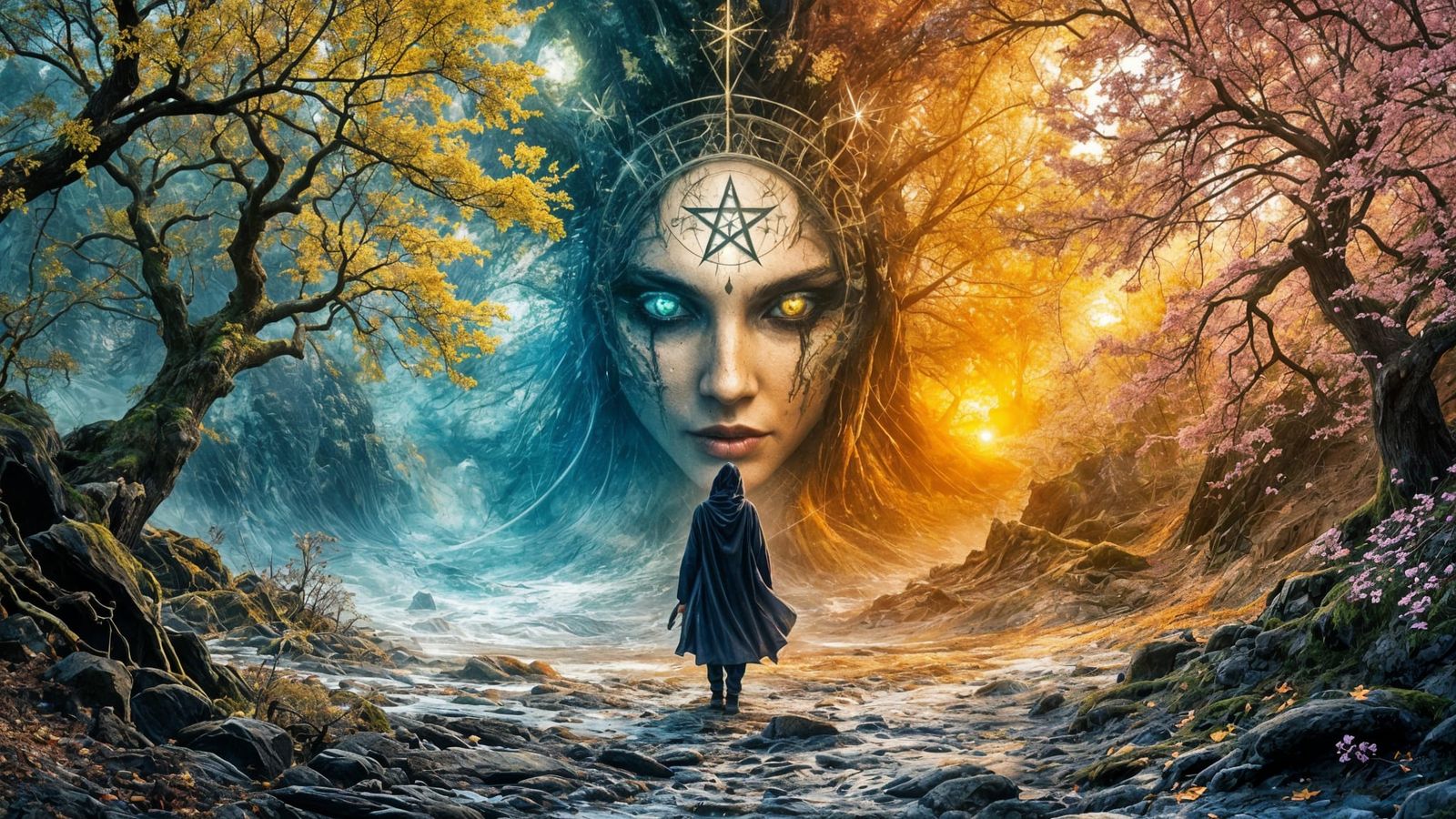 Fantasy Landscape with Occult Overlay in Illustration Style