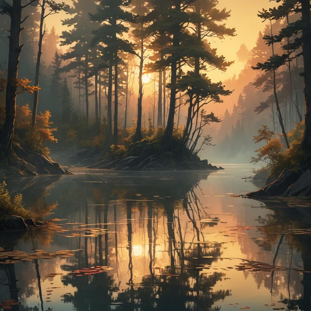 Serene Lakeside Sunset Concept Art in Fantasy Style