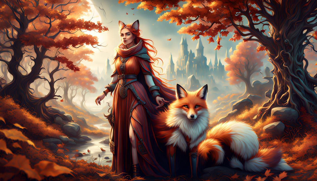 Autumn Maiden with Magical Fox Companion