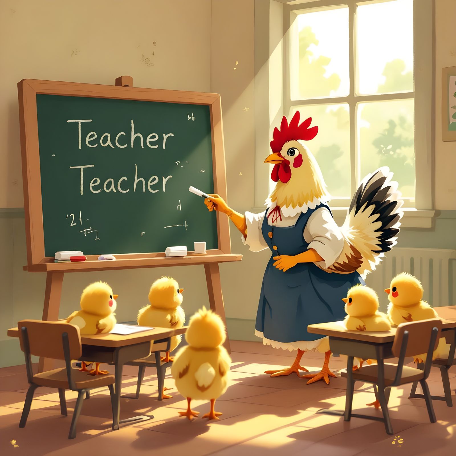 Chicken Teacher Educating Chicks in Classroom