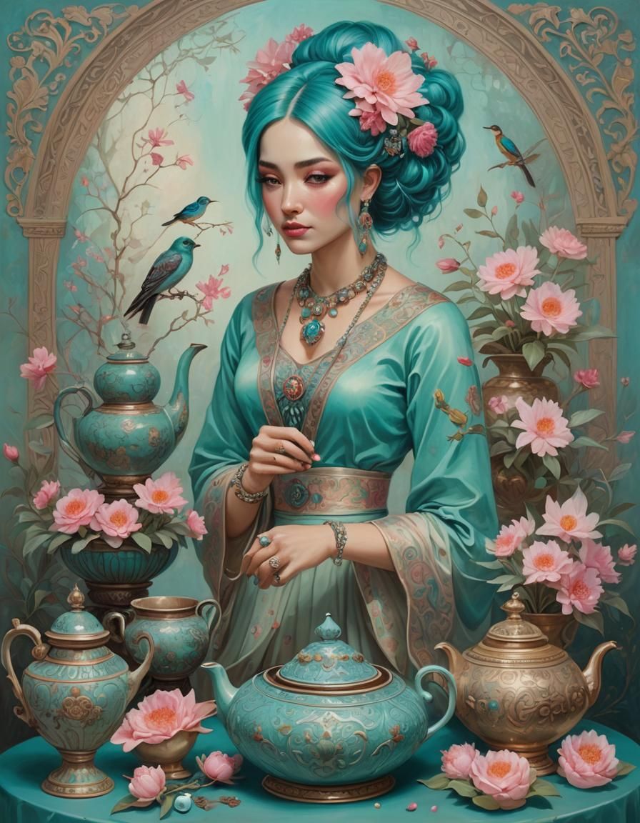 Woman with Turquoise Hair in Dreamy Setting