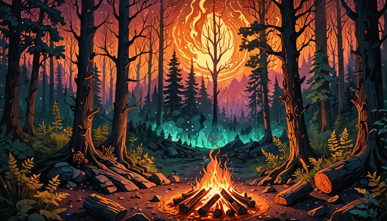 Eerie Campfire Scene in Cosmic Mysticism Style