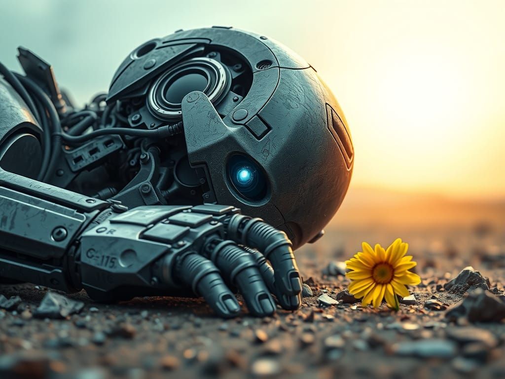 Melancholic Robot with Daisy in Cyberpunk Style