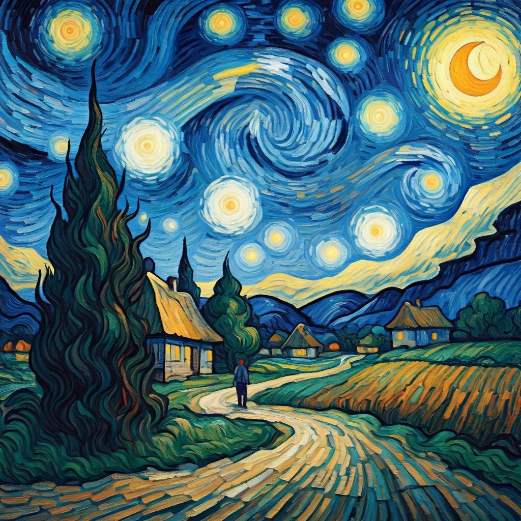 Lone Figure in Village: Van Gogh-Inspired Landscape