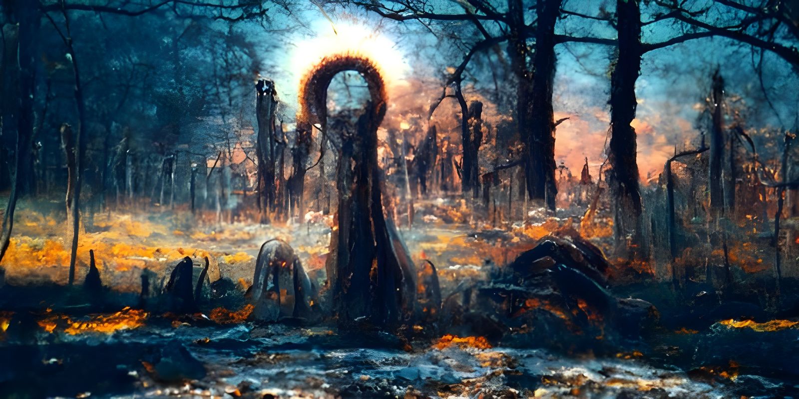 Sinister Dystopian Forest in Post-Apocalyptic Horror Style