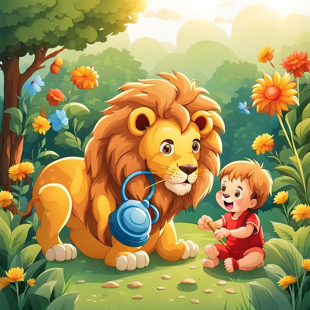 Baby and Lion Cub Play in Garden