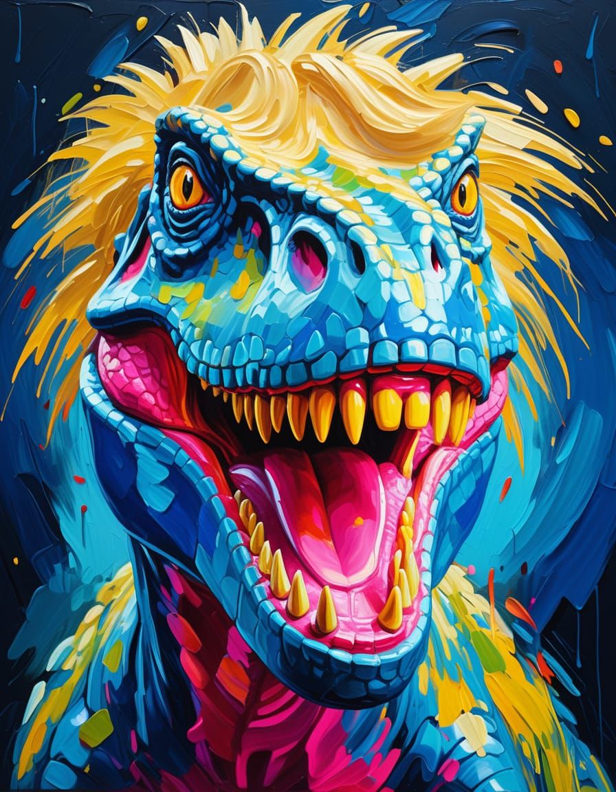 Tyrannosaurus Rex in Blonde Wig: Fauvist Oil Portrait