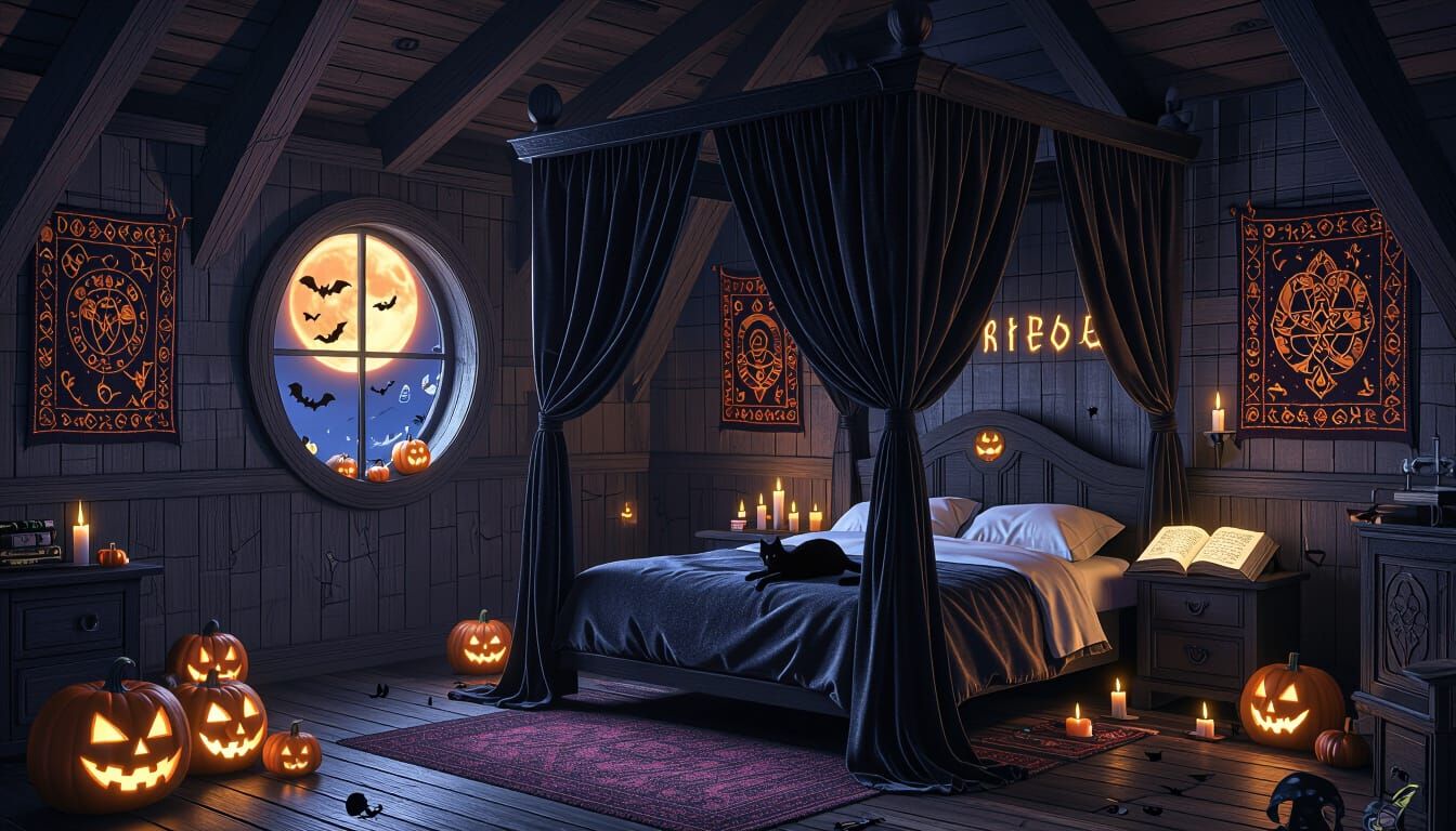 Mysterious Witch's Hut Bedroom with Magical Halloween Ambian...