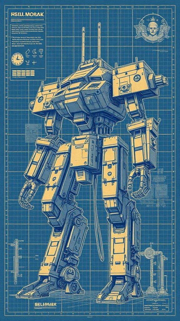 Detailed Blueprint of a Three-Story Mecha