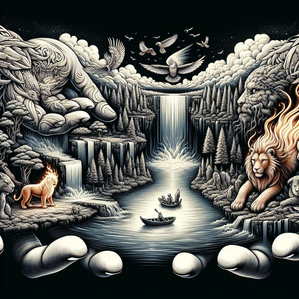 Waterfall Cascading from Giant Hands: Panoramic Art