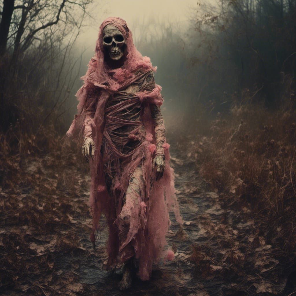 Halloween Mummy in Pink Lace, Macabre Digital Art