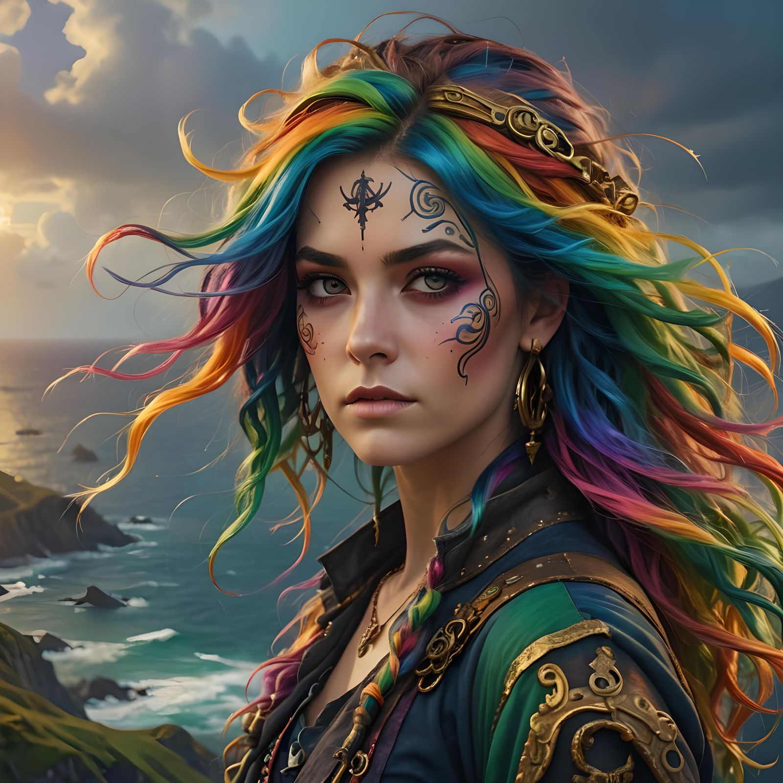 Rainbow-Haired Pirate Leader on Island, Detailed Matte Paint...