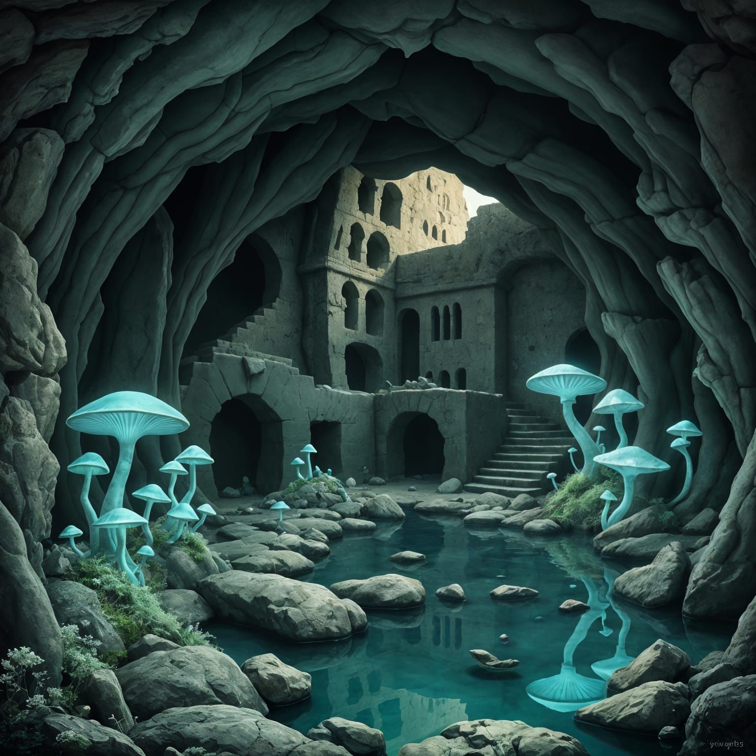 Glowing Cave Ruins with Bioluminescent Flora