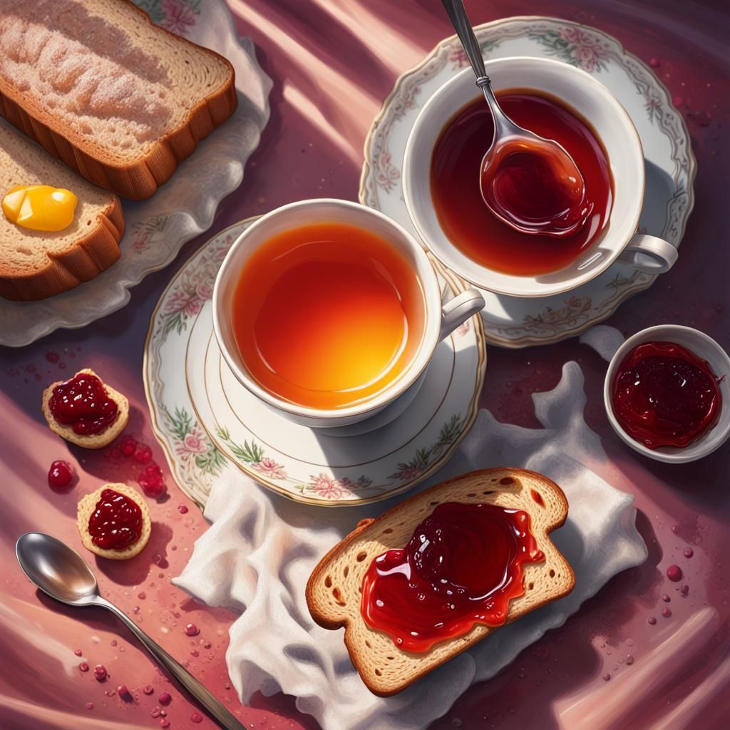 Romantic Breakfast Still Life in Hyperrealistic Splash Art