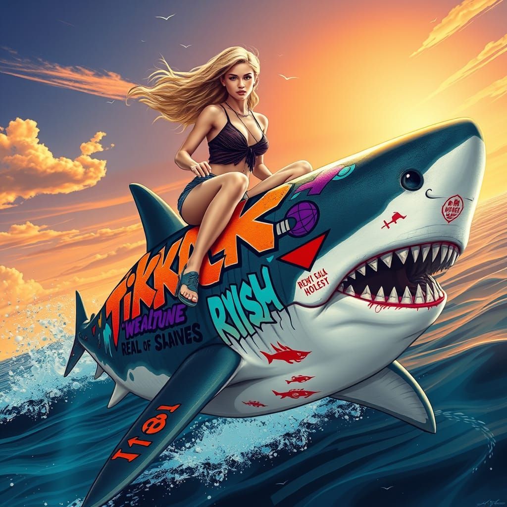 Woman Rides Graffiti Shark on Sunburnt Horizon