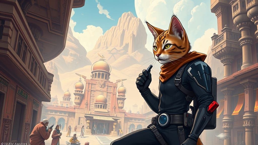 Futuristic Cat Adventurer in Comic Book Style