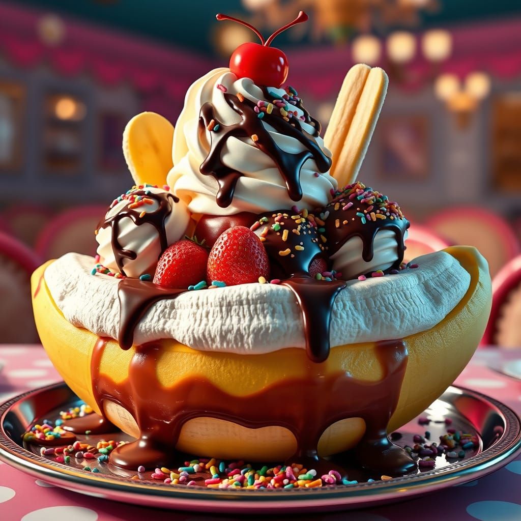 Fantastical Banana Split in a 1950s Diner, Detailed Render