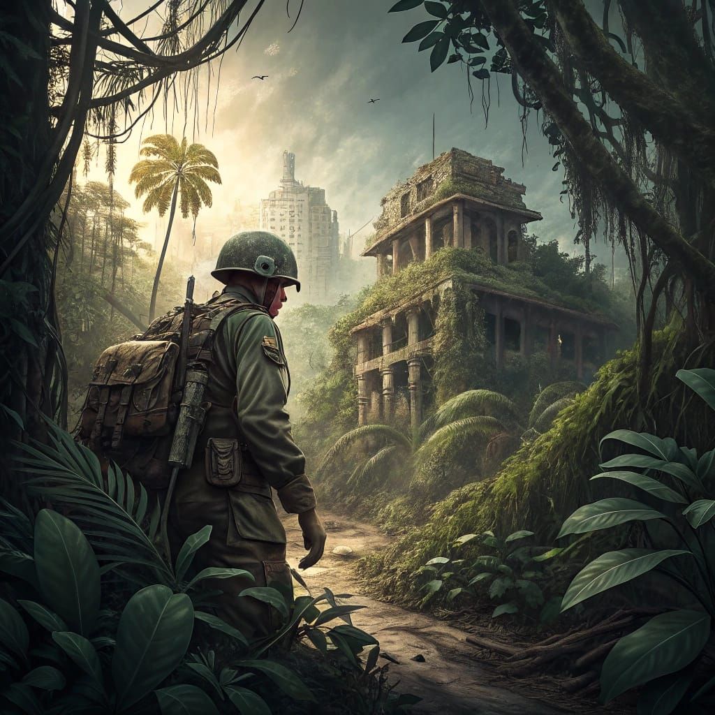 Dystopian Future: Soldier Emerges, Oil Painting Style