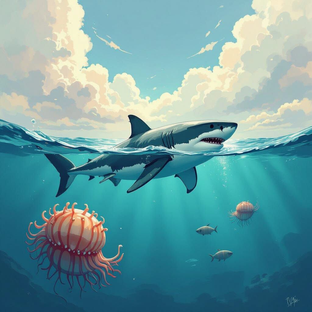 Great White Shark and Man o' War: Stylized Digital Art