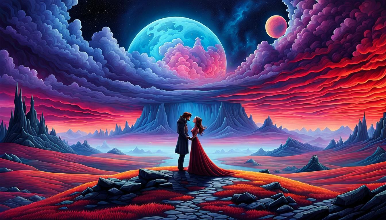Romantic Last Kiss in Vibrant, Dreamlike Sci-Fi Landscape