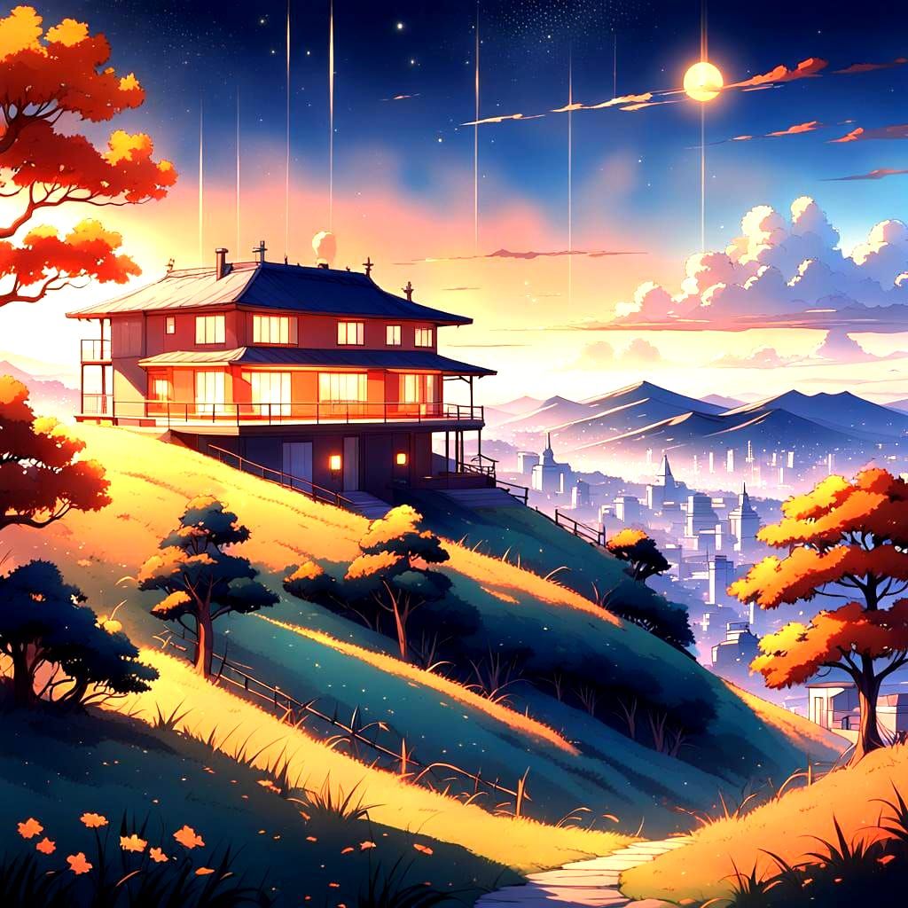 Minimalist House at Sunset: Cel-Shaded Anime Art