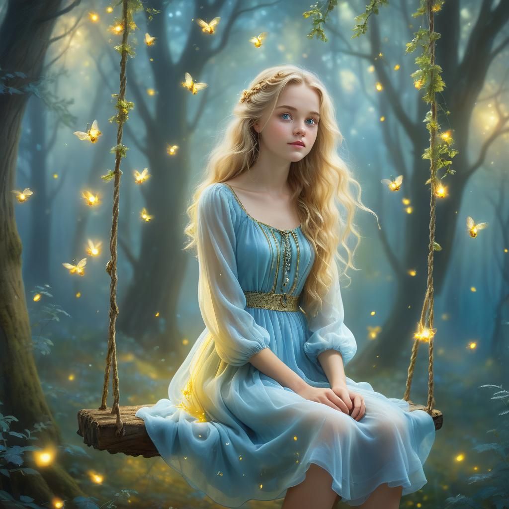 Ethereal Forest Scene with Woman on Swing