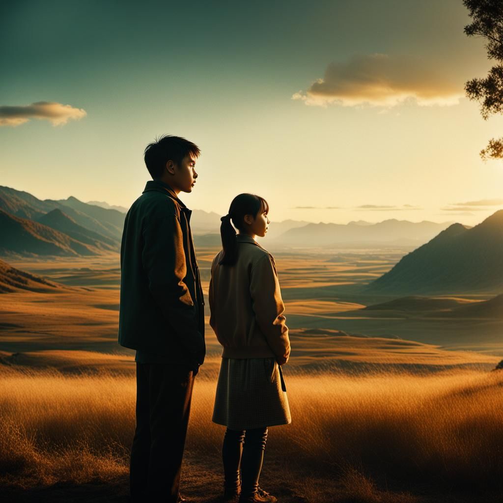 Cinematic Vista of Two Figures at Golden Hour