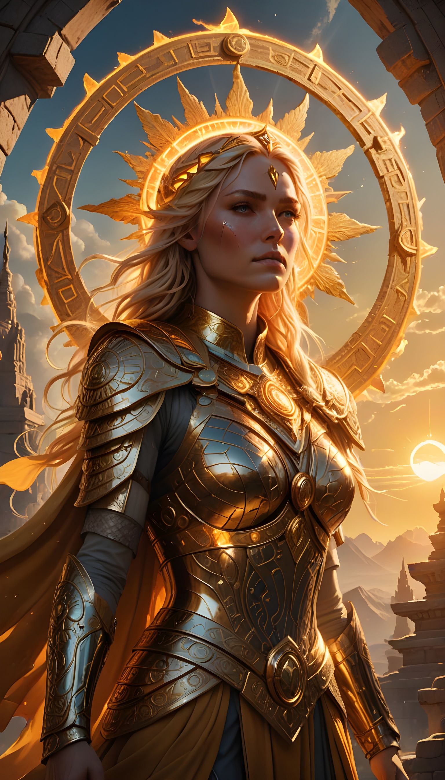 Golden Sunborn Warrior-Priestess Embracing Solar Strength