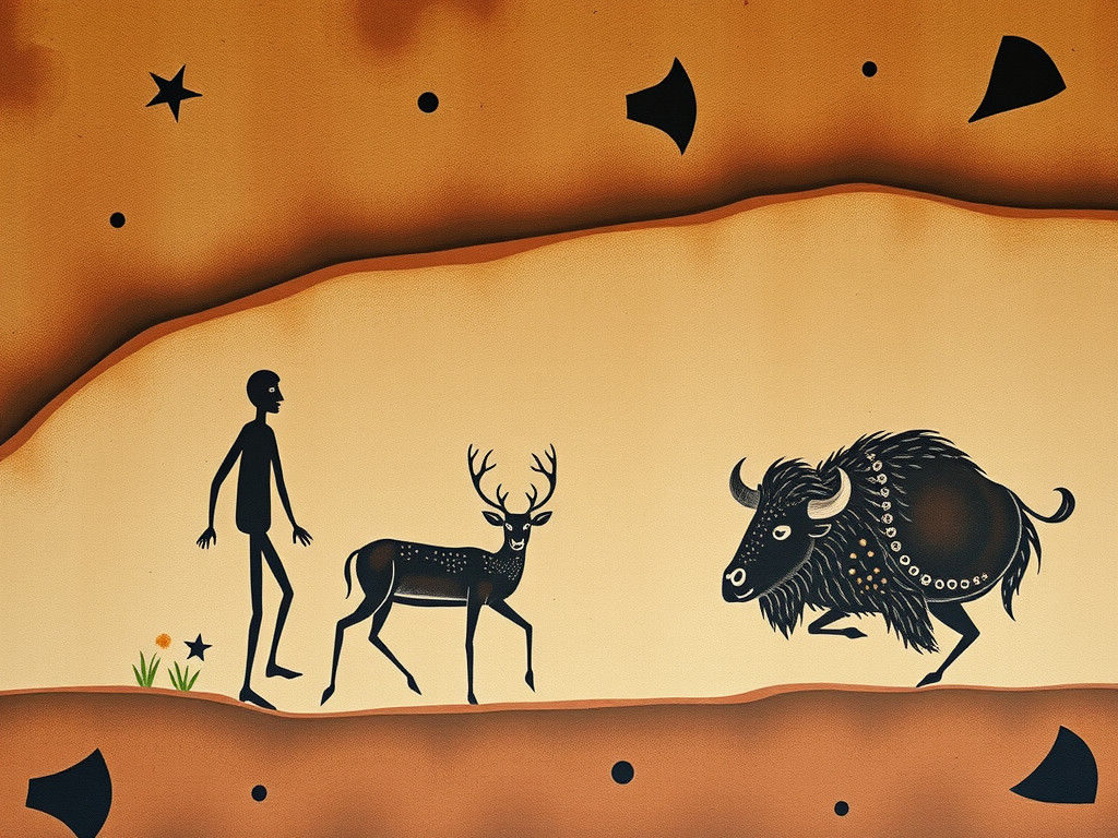 Naive Expressionist Mural with Prehistoric Animals