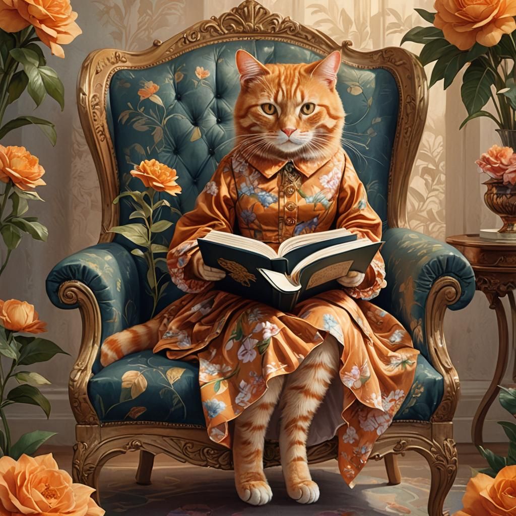 Orange Cat Reading Book in Fantastical Realism