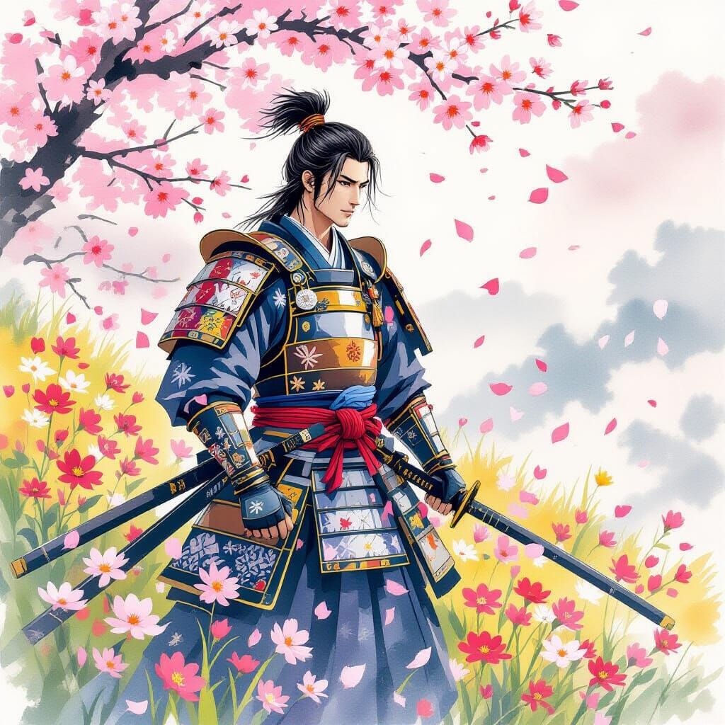Lone Samurai in a Field of Cherry Blossoms as Watercolor