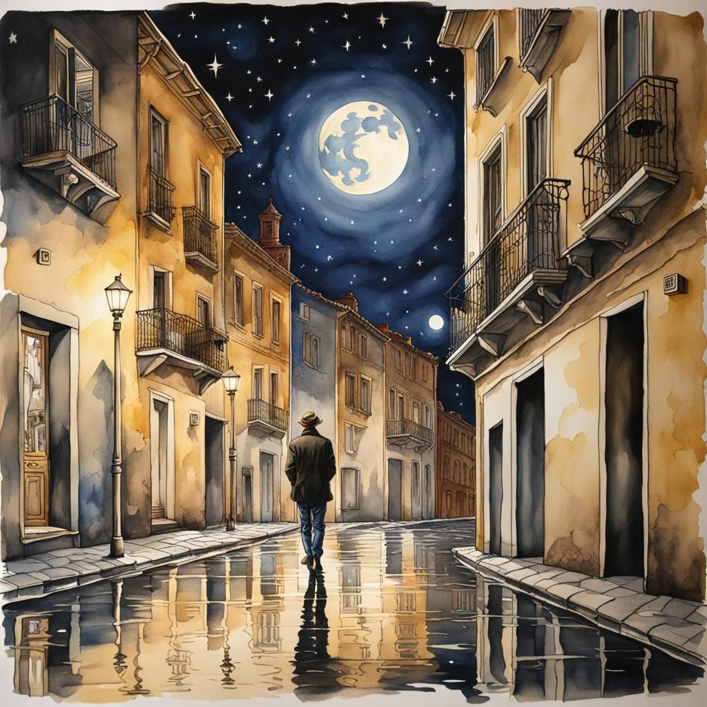 Lonely Figure in Moonlit Street: Watercolor Art