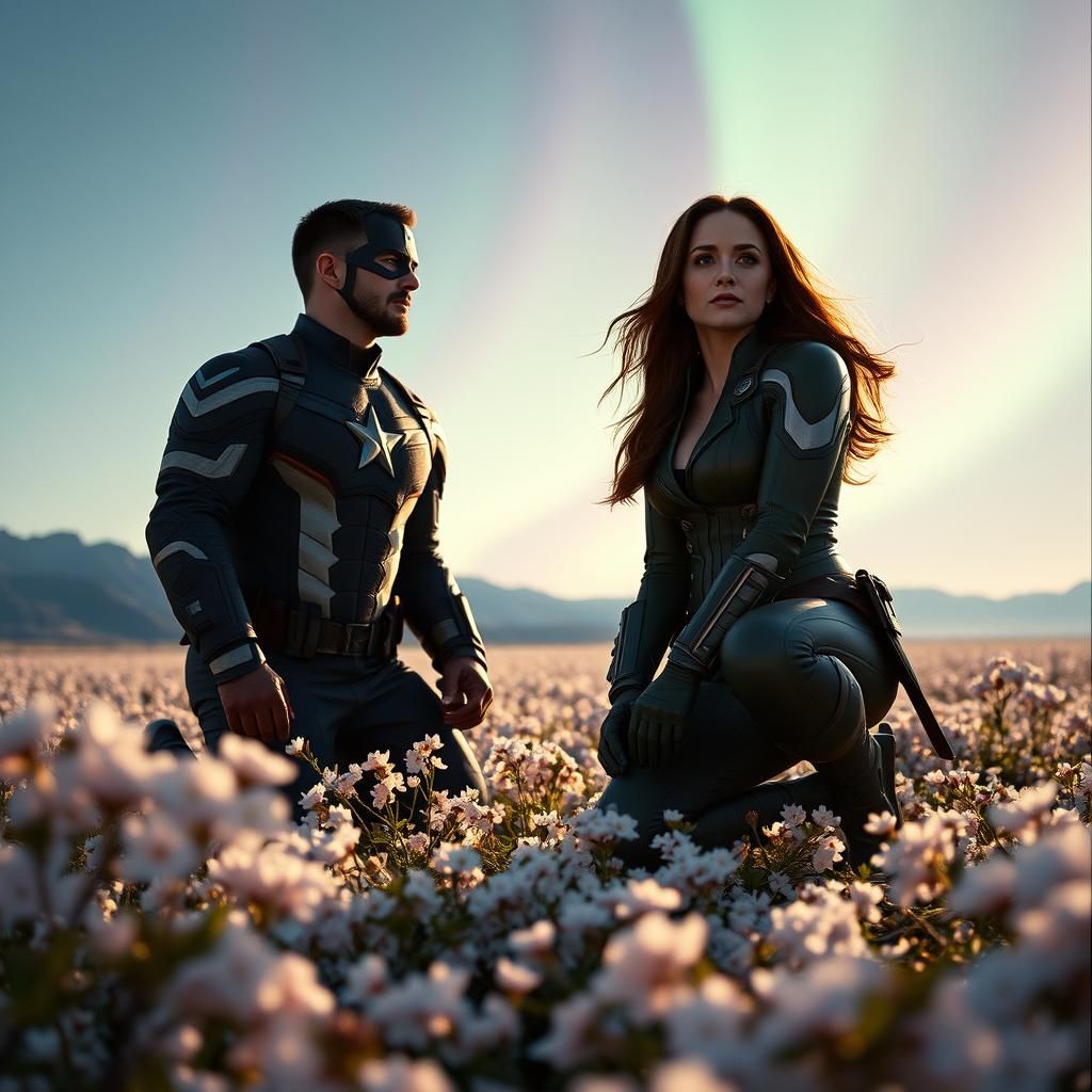 Captain America and Rogue in Cherry Blossom Field