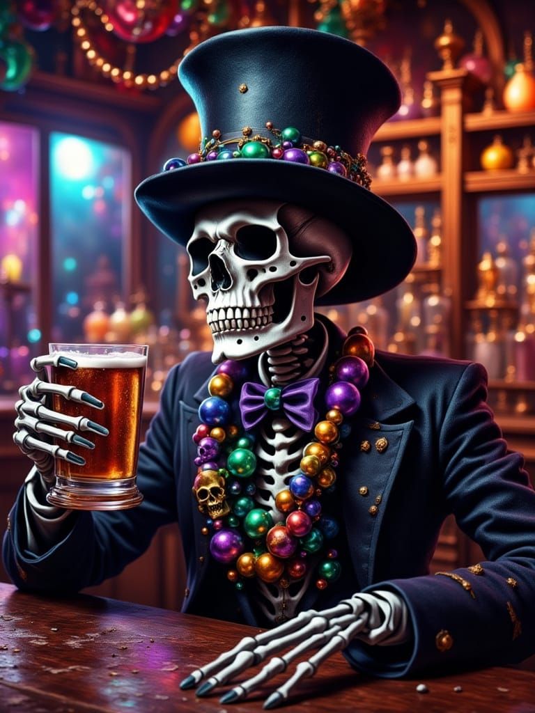 Skeleton Bartender in Lively Louisiana Bar