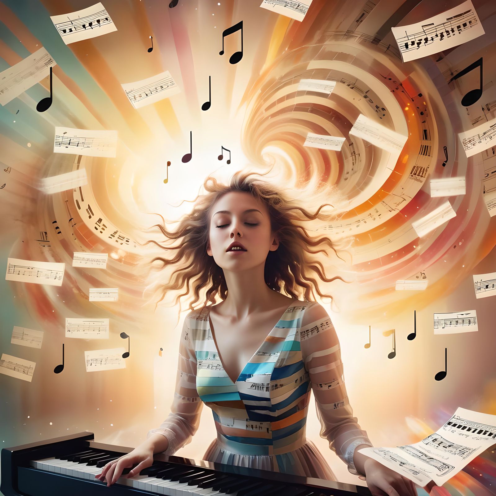 Glitchy Musical Dreamscape with Woman and Piano