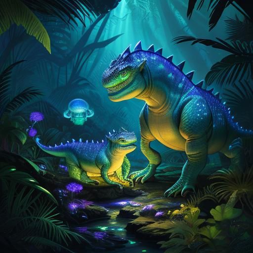 Bioluminescent Baby Dinosaurs in Magical Jungle