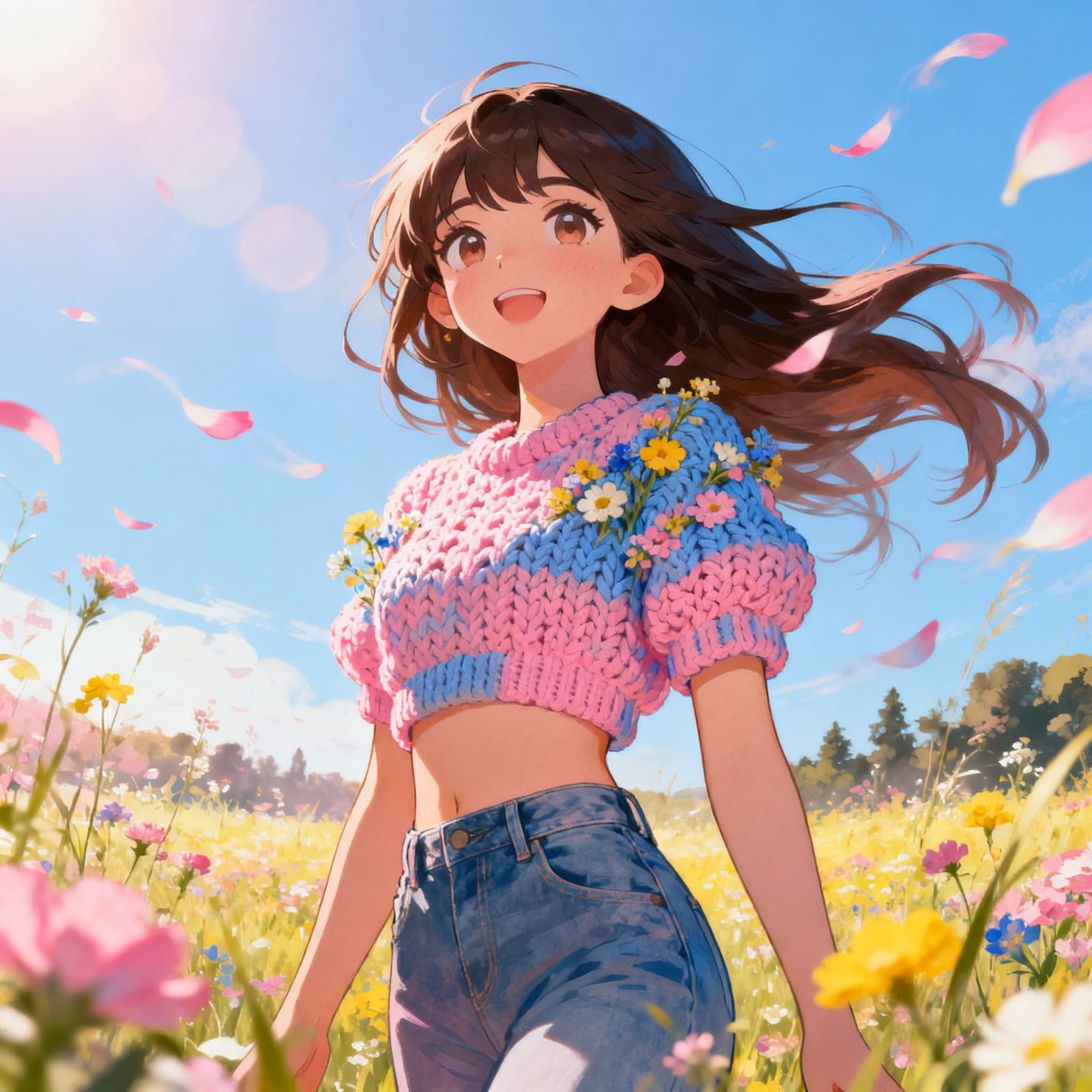 Woman in Sunlit Meadow with Wildflowers