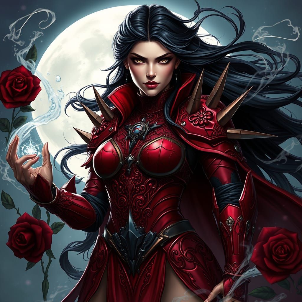 Powerful Sorceress in Red Armor with Magical Aura