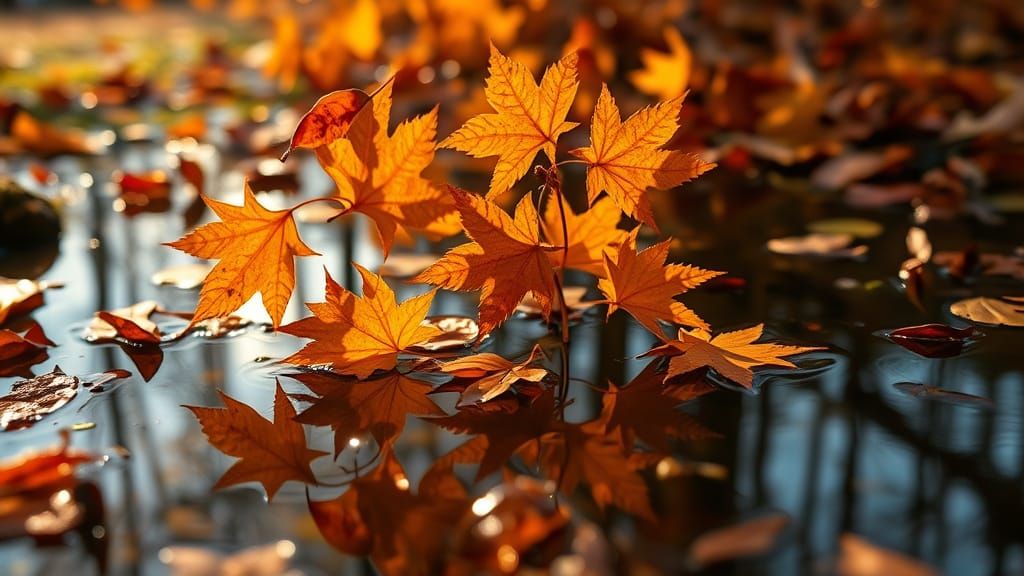 Autumn Leaves Reflected: Hyperrealistic Amber Morning