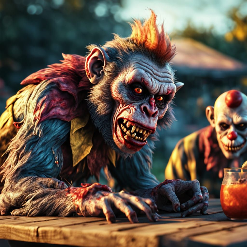 Zombie Monkey Clown at Backyard Barbecue: Digital Art