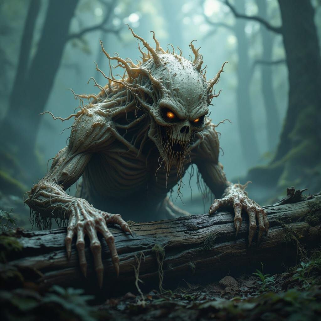 Grotesque Fungal Humanoid in Misty Forest
