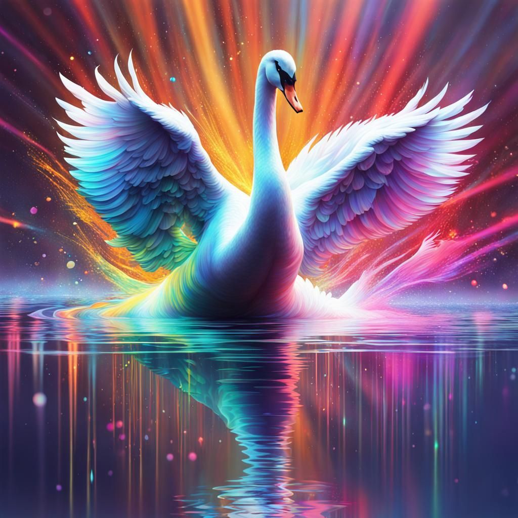 Shimmering holographic art in form of swan splash art, street art, high contrast, colorful polychromatic, ultra detailed...