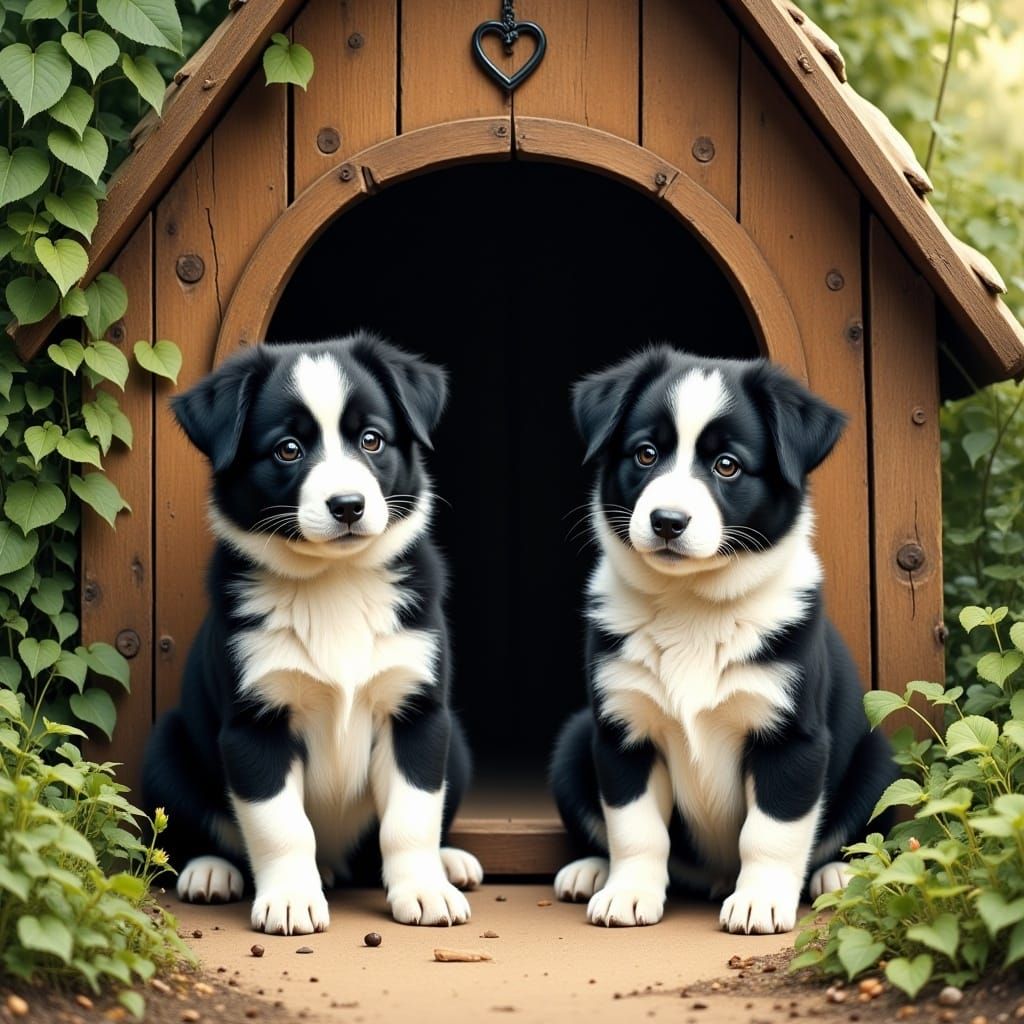 Border Collie Puppies Guarding Doghouse in Americana Style