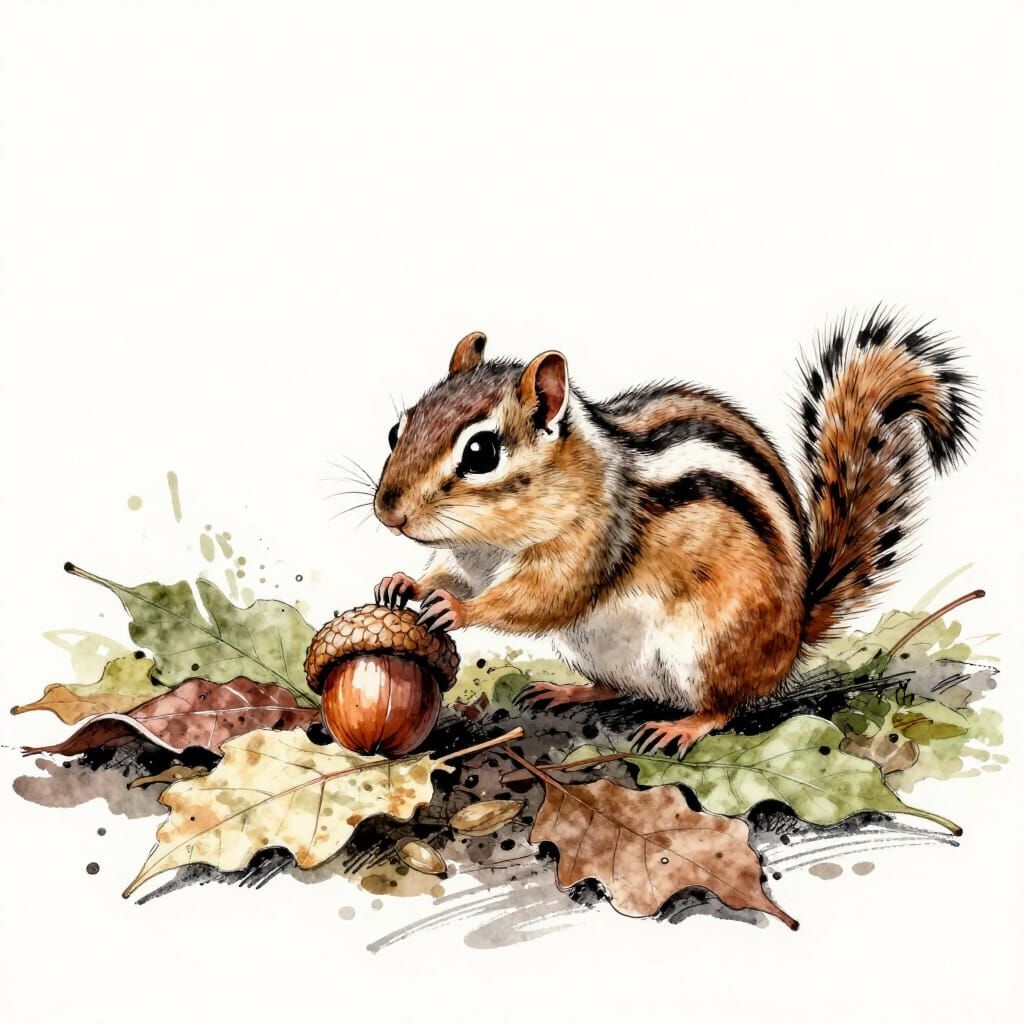 Chipmunk Finds Acorn in Watercolour Expressionism Style