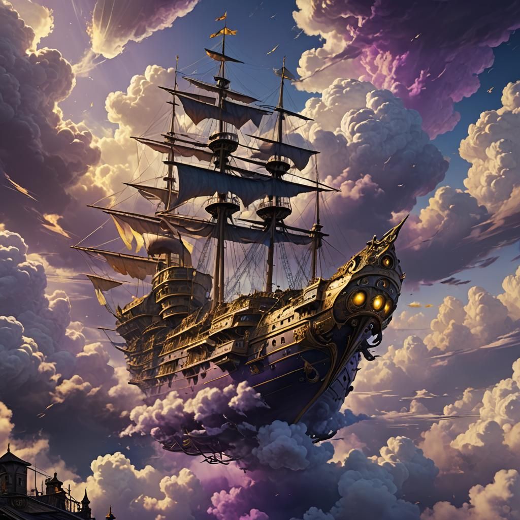 Flying Ship in Clouds: Dark Fantasy Concept Art